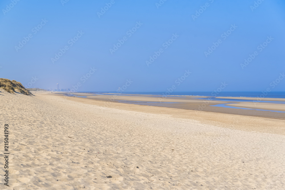 Ostende in Belgium, beautiful beach, panorama in summer, with Oostende in background
