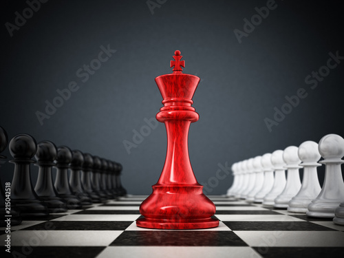 Red chess king standing between white and black pawns. 3D illustration