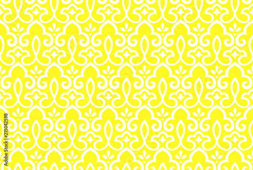 Wallpaper in the style of Baroque. Seamless vector background. White and yellow floral ornament. Graphic pattern for fabric, wallpaper, packaging. Ornate Damask flower ornament