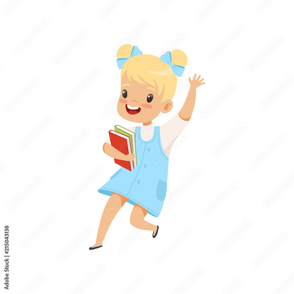 Happy little girl jumping with books, cute kid playing and learning vector Illustration on a white background