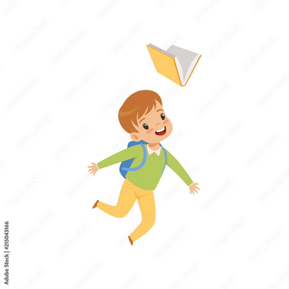 Happy boy jumping with book, cute kid playing and learning vector Illustration on a white background Happy boy jumping with book, cute kid playing and learning vector Illustration on a white background