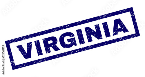 Rectangle VIRGINIA seal print with distress texture. Rubber seal imitation has rectangle frame. Blue vector rubber print of VIRGINIA tag with dust texture.