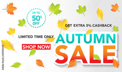 Autumn sale banner template with leaves, fall leaves for shopping sale. banner design. Poster, card, label, web banner. Vector illustration