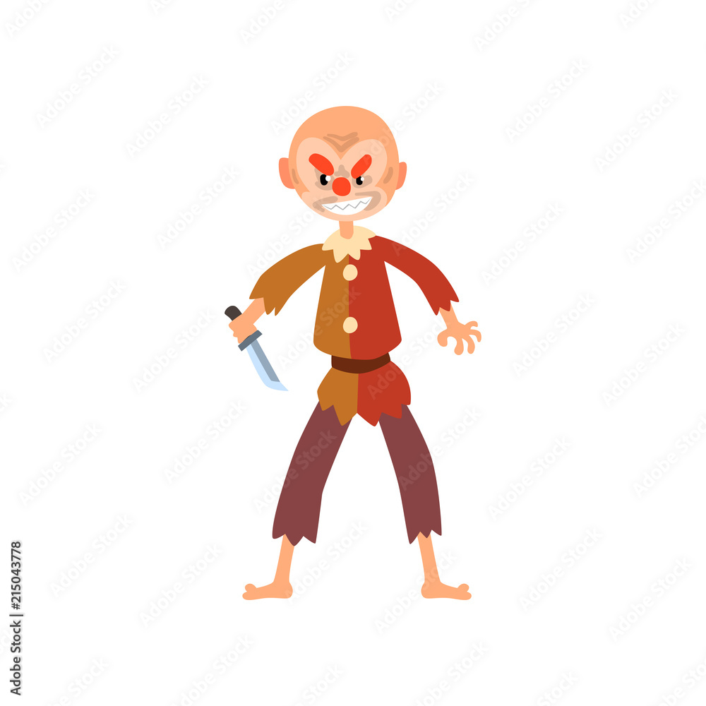 Angry clown cartoon character, halloween clown with evil eyes holding knife vector Illustration on a white background Angry clown cartoon character, halloween clown with evil eyes holding knife vector Illustration on a white background