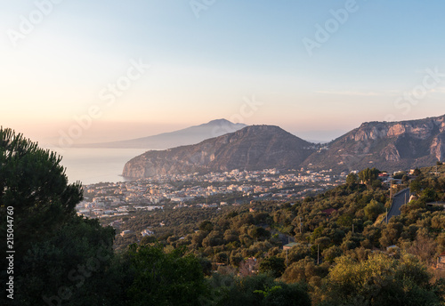 Romantic sunset in the Gulf of Naples and Vesuvius. Sorrento. Italy