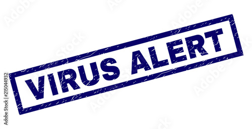 Rectangle VIRUS ALERT seal print with corroded surface. Rubber seal imitation has rectangle frame. Blue vector rubber print of VIRUS ALERT text with unclean texture.