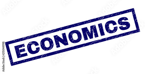 Rectangle ECONOMICS seal stamp with corroded texture. Rubber seal imitation has rectangle frame. Blue vector rubber print of ECONOMICS title with dirty texture.