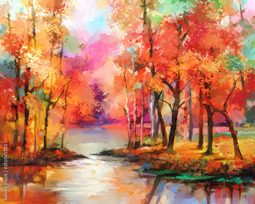 Oil painting colorful autumn trees. Semi abstract image of forest, aspen  trees with yellow - red leaf and lake. Autumn, Fall season nature background.  Hand Painted Impressionist, outdoor landscape Stock Illustration |