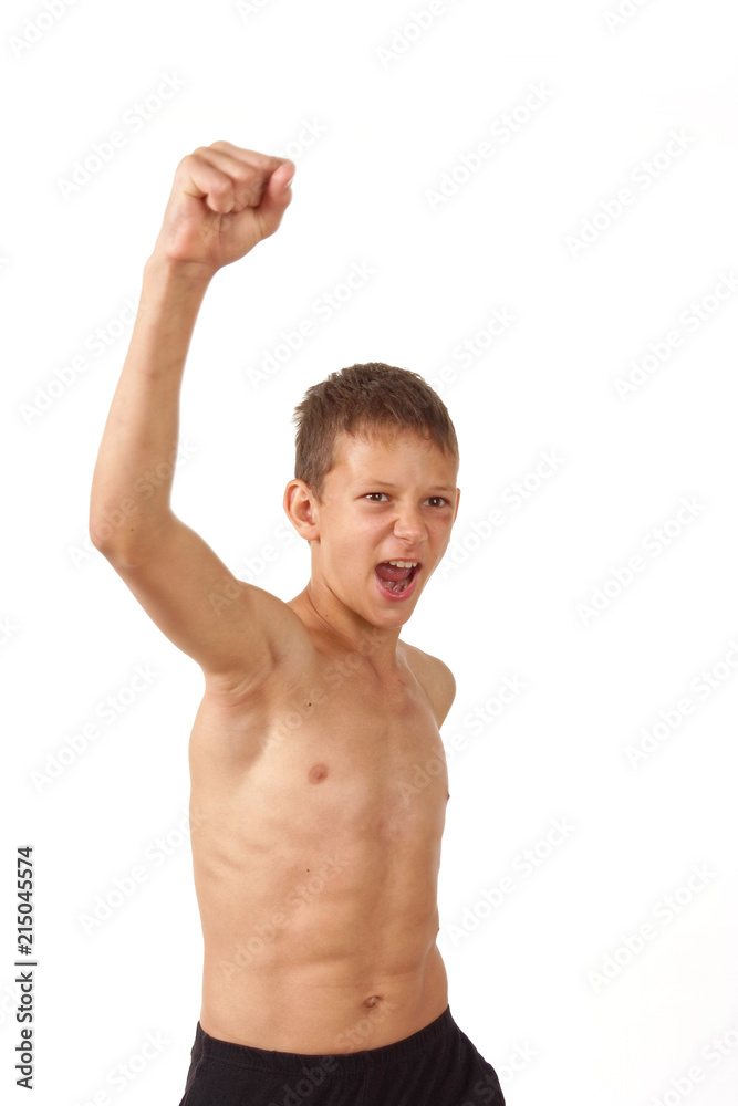 teenager with muscles. emotions of the winner. teenager with muscles. emotions of the winner.
