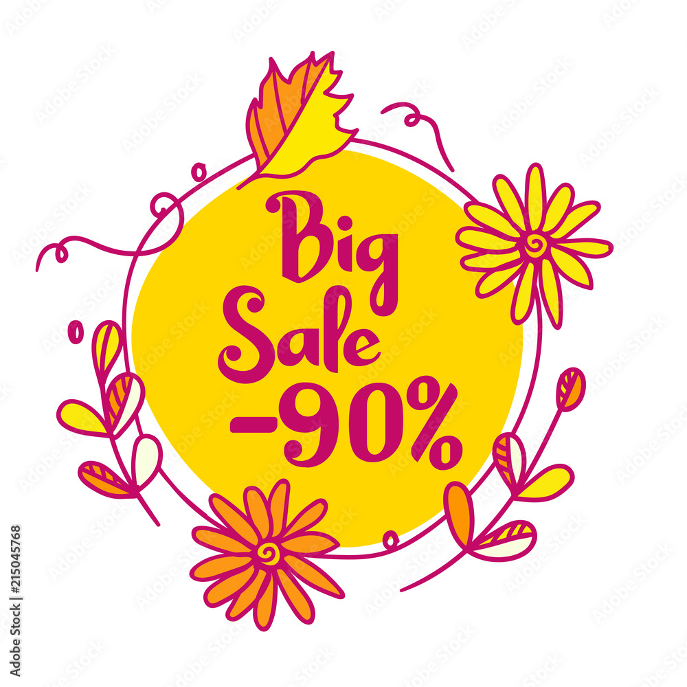 Obraz premium A big autumn discount of 90 percent in a circle of leaves and flowers