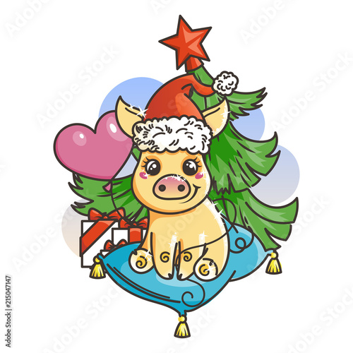 Fototapeta Naklejka Na Ścianę i Meble -  Happy New 2019 Year card with cartoon golden baby pig. Small symbol of holiday.