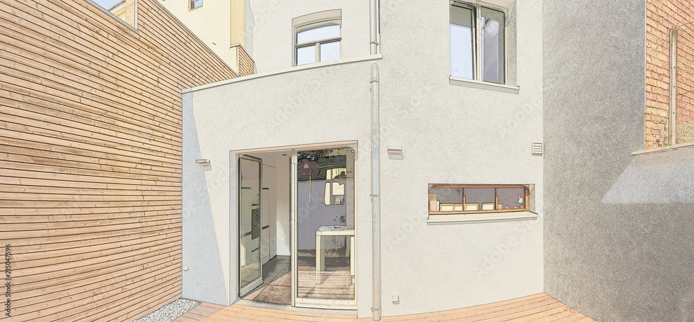 Remodel of courtyard with insulating wooden cladding wall