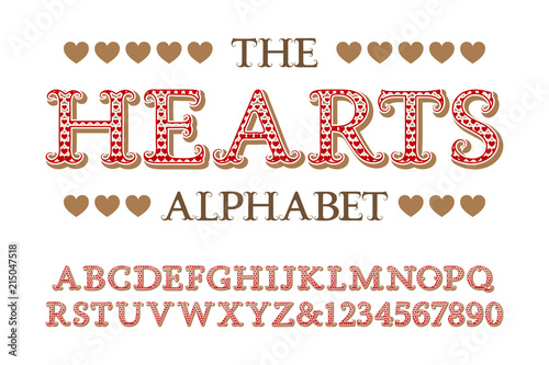 Hearts alphabet with numbers in romantic vintage style.