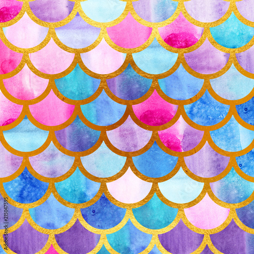 Mermaid scales. Watercolor fish scales. Bright summer pattern with reptilian scales. Gold background.