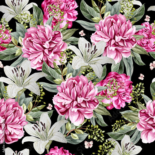 Watercolor pattern with peony flowers and  lily.