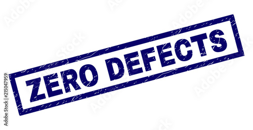 Rectangle ZERO DEFECTS seal print with corroded texture. Rubber seal imitation has rectangle frame. Blue vector rubber print of ZERO DEFECTS title with unclean texture.