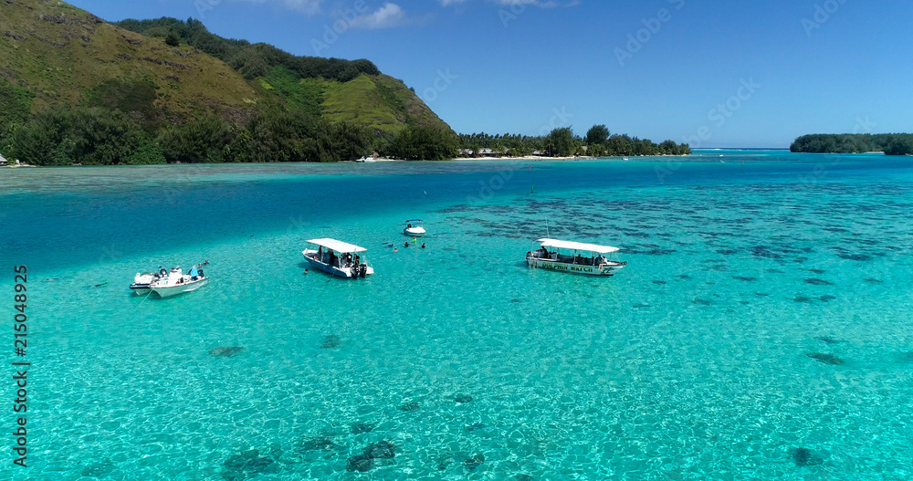 boats in a lagoon in French Polynesia, in aerial view boats in a lagoon in French Polynesia, in aerial view