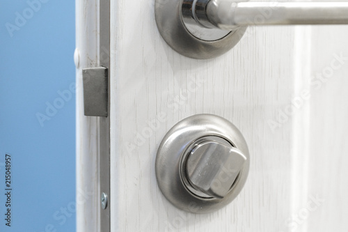 Detail of a metallic knob on white door horizontal