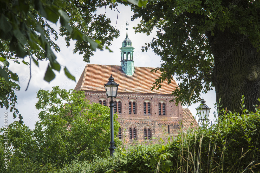 West tower of a dome through trees (Havelberg)