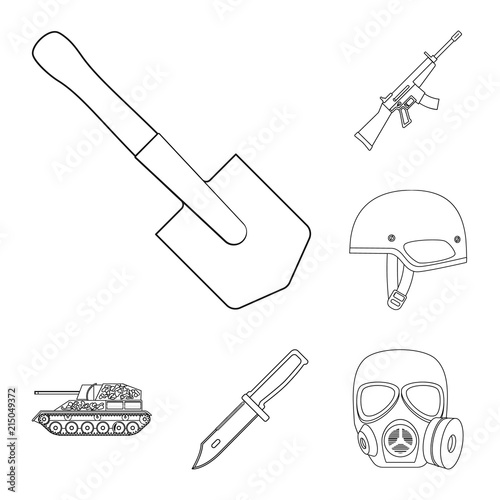 Army and armament outline icons in set collection for design. Weapons and equipment vector symbol stock web illustration.