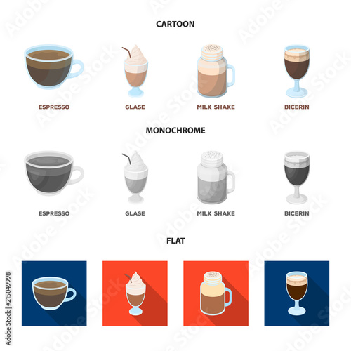 Esprecco, glase, milk shake, bicerin.Different types of coffee set collection icons in cartoon,flat,monochrome style vector symbol stock illustration web. photo