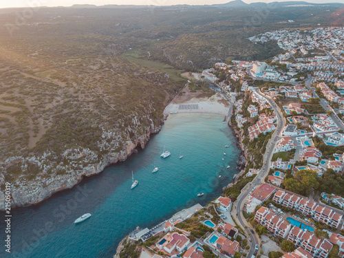 Sunset Balearic Island Aerial Drone Above Yachts Blue Water Menorca