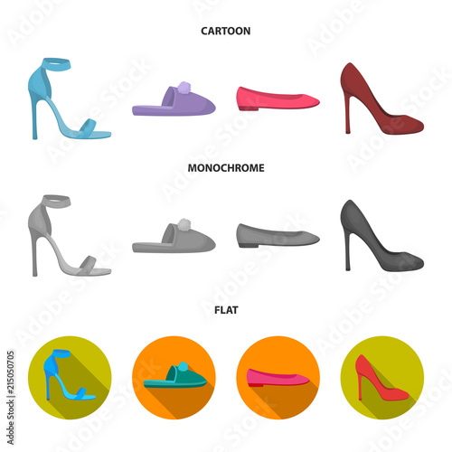 Blue high-heeled sandals, homemade lilac slippers with a pampon, pink women ballet flats, brown high-heeled shoes. Shoes set collection icons in cartoon,flat,monochrome style vector symbol stock