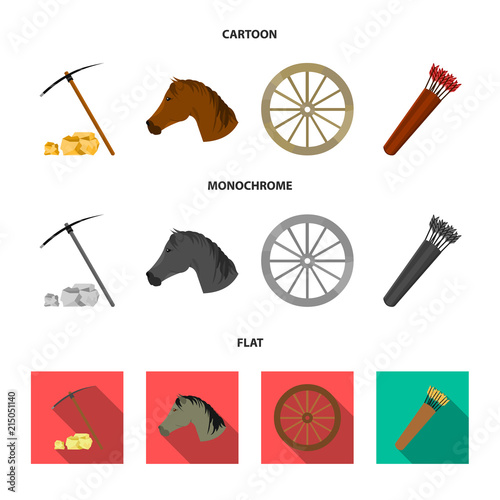 Pickax hoe, horse head, wheel cart, quiver with arrows.Wild west set collection icons in cartoon,flat,monochrome style vector symbol stock illustration web.