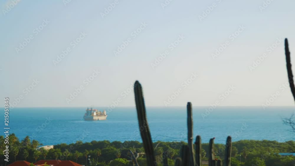 Boat leaves harbor in the distance - tropical foreground with cactus. Willemstad, Curacao. Boat leaves harbor in the distance - tropical foreground with cactus. Willemstad, Curacao.