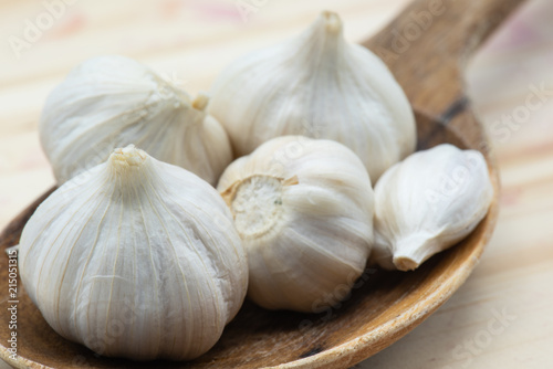 Garlic in wood table