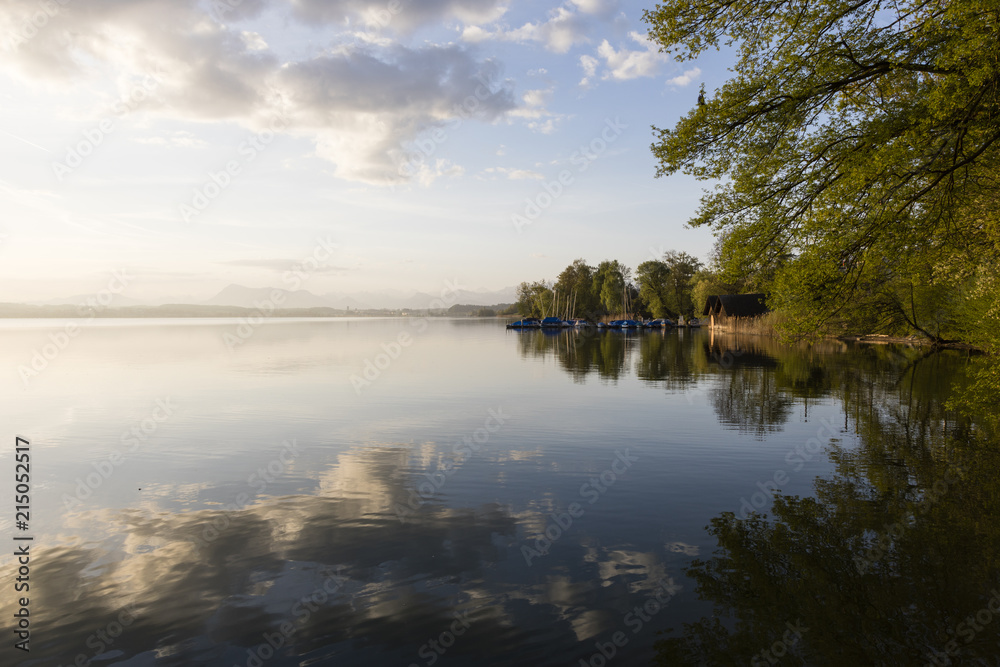 Beautiful morning mood on Lake Sempach in Switzerland. In the background Mount Rigi