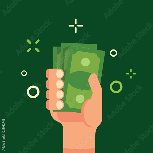 Hand holding green money flat vector illustration. Bundle of money in male hand. Income, finance, profit, salary concept. Green bank notes vector art.
