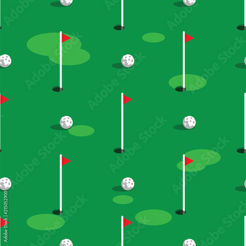 Golf course pattern background. Green grass and hole on golf field. Flags and balls on green golf course seamless pattern