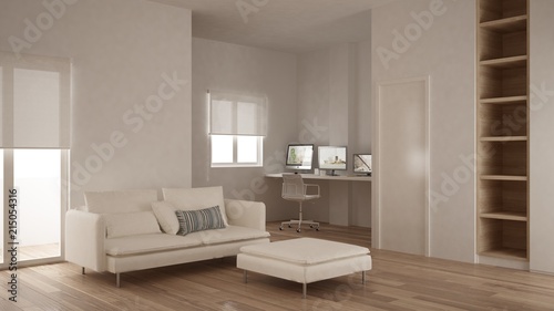 Minimalism, modern living room with empty bookshelf, corner home workplace, parquet floor, white and wooden interior design