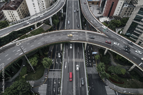 Aerial view of highway and overpass in city