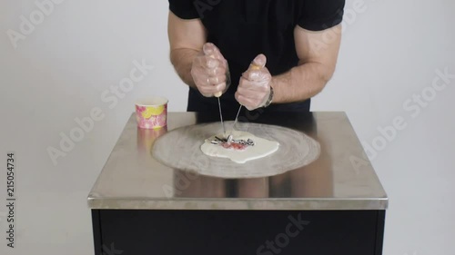 Man preparing dessert. Clip. Chef prepares a delicious dessert based on milk photo