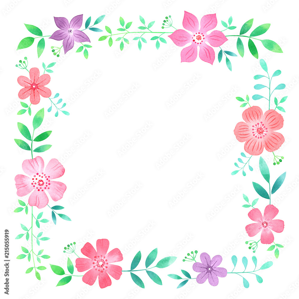 Watercolor floral frame. Botanical hand drawn frame design with pink and violet flowers, green leaves and branches.