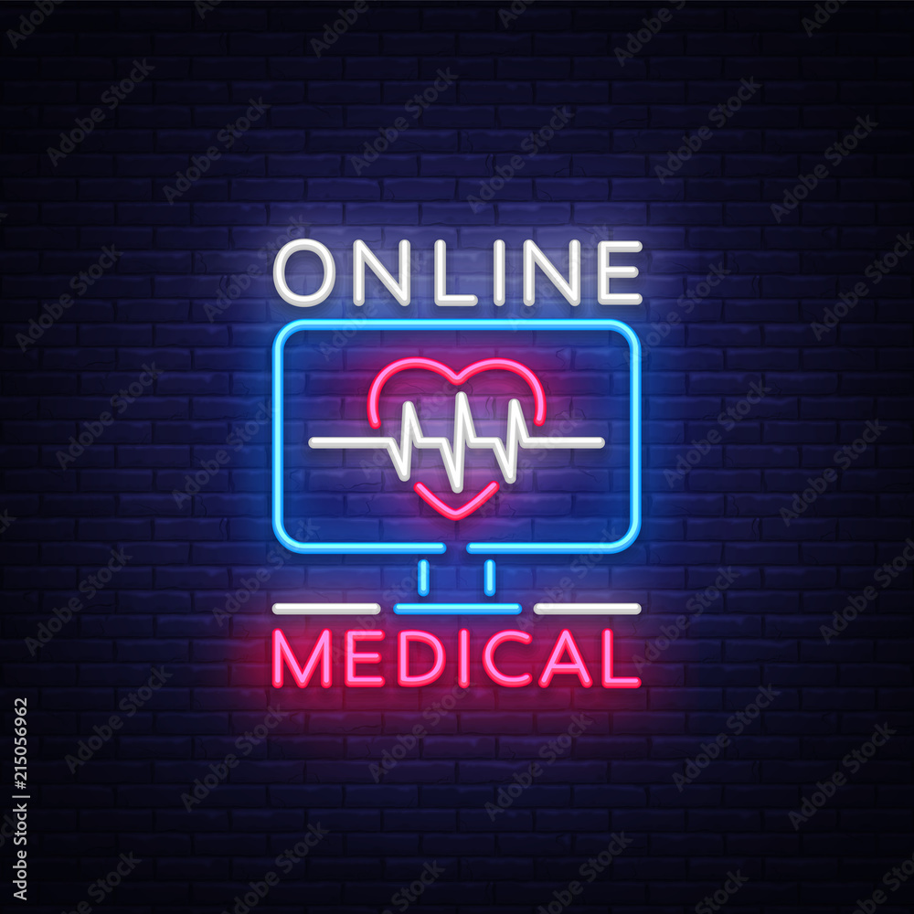 Medical Online neon sign design template. Medical Online neon emblem, light banner. Online consultation. Vector illustration Medical Online neon sign design template. Medical Online neon emblem, light banner. Online consultation. Vector illustration