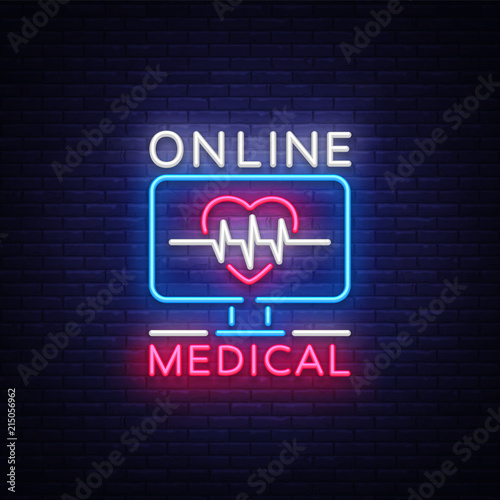 Medical Online neon sign design template. Medical Online neon emblem, light banner. Online consultation. Vector illustration