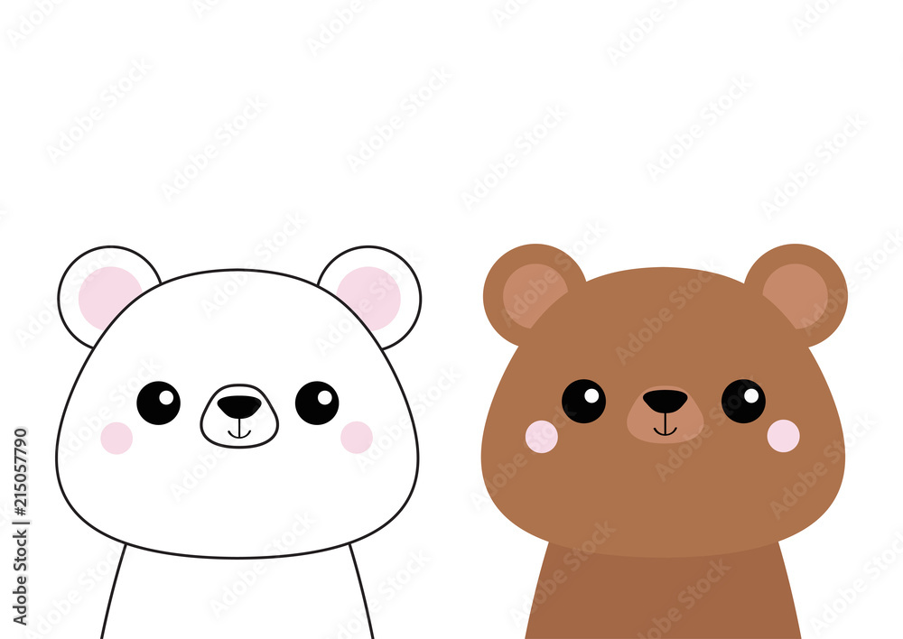 Grizzly and white bear head face set. Pink cheeks. Doodle linear sketch.  Cute cartoon character. T-shirt design. Dash line. Pet animal. Baby  background. Flat Stock Vector | Adobe Stock