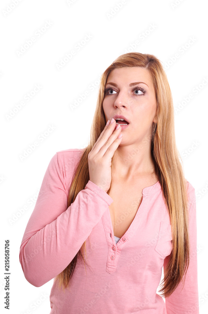 shocked young woman looking up to copy space shocked young woman looking up to copy space