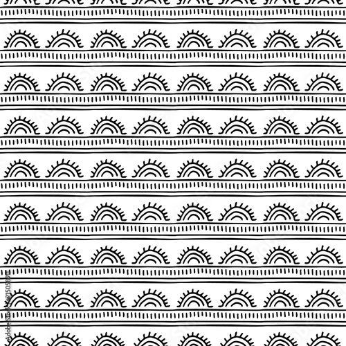 Sunny oriental background. Black and white seamless pattern. Stylized vector design.