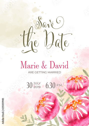 Beautiful wedding invitation with watercolor flowers. Save de date card