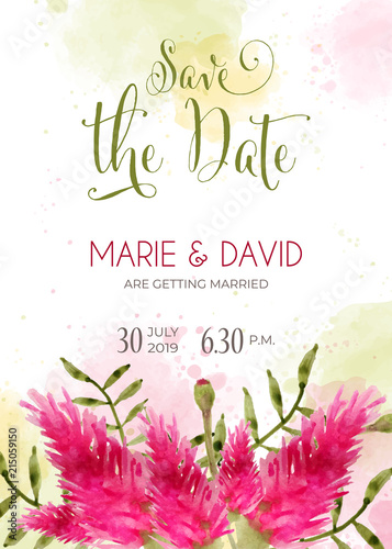 Beautiful wedding invitation with watercolor flowers. Save de date card