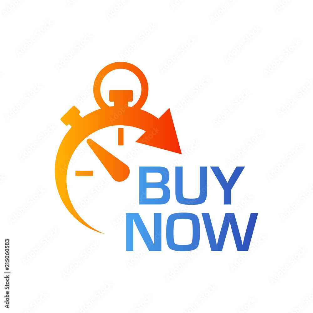 Icono plano cronometro con BUY NEW en azul y naranja