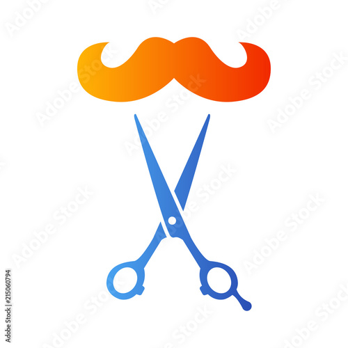 Icono plano bigote hipster y tijeras en azul y naranja