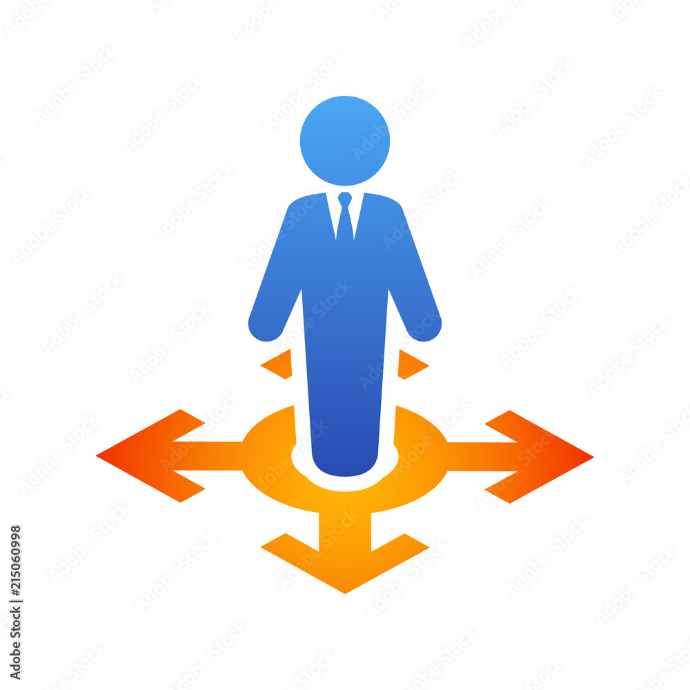 Icono plano hombre de pie en encrucijada en azul y naranja