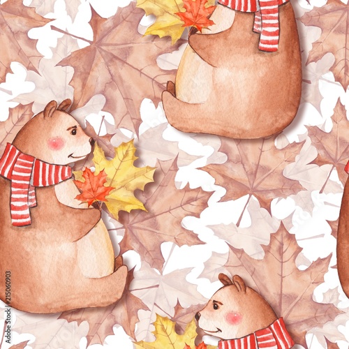 Fotografija Seamless pattern with leaves and bears. Watercolor painting