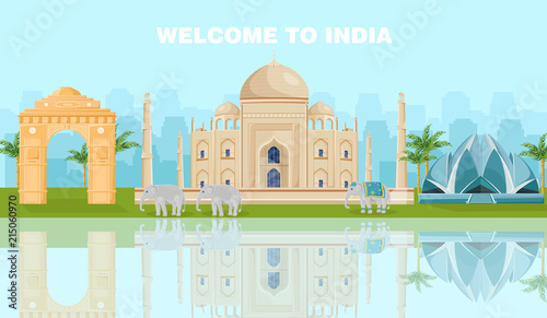 Welcome to India card with famous landmarks Vector