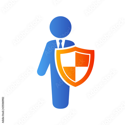 Icono plano hombre de negocios con escudo en azul y naranja